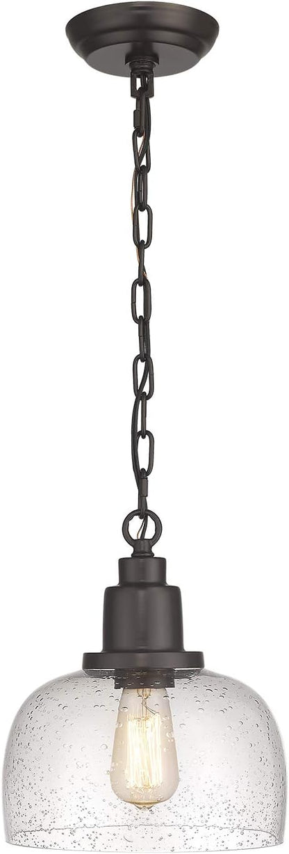 EAPUDUN 1-Pack Farmhouse Pendant Light, 1-Light Industrial Hanging Light Fixture with 9.3" Round Seeded Glass Shade, Dark Bronze Finish, Vintage Ceiling Lighting for Kitchen Island & Dining Room