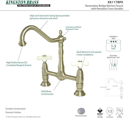 Kingston Brass KS1178PX Heritage 8-Inch Kitchen Faucet Without Sprayer, Brushed Nickel