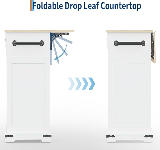 Large Rolling Kitchen Island with Power Outlet, Mobile Kitchen Cart on Wheels with Drop Leaf, 3 Drawers, Trash Can Storage, Spice Rack, Towel Holder, Kitchen Island Table for Dining Room, Home, White