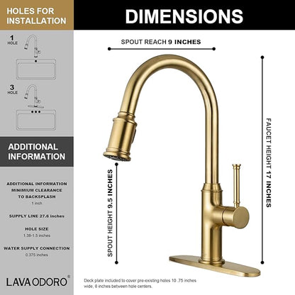 Lava Odoro Bronze Gold Kitchen Faucet with Pull Down Sprayer, Brushed Brass Kitchen Sink Faucet, Single Hole Kitchen Faucet with 3-Function Sprayer, Deck Plate Included, Spot-Free, 1.8 GPM, KF421-BB