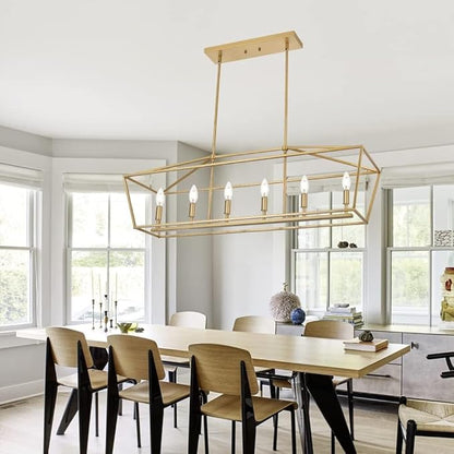 Modern Kitchen Island Lighting,6-Light Linear Farmhouse Chandelier Industrial Pendant Light Fixtures with Gold Metal Frame for Bar, Dining Room, Living Room,Restaurant,Foyer