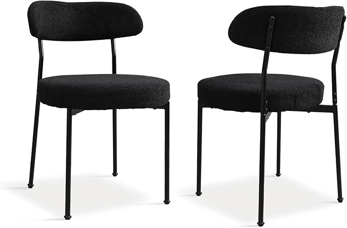 Black Boucle Dining Chair Set of 2, Modern Oval Upholstered Dining Chairs with Curved Back and Metal Leg for Dining Room,Restaurant,Kitchen Island(Black Leg)