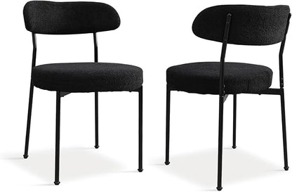 Black Boucle Dining Chair Set of 2, Modern Oval Upholstered Dining Chairs with Curved Back and Metal Leg for Dining Room,Restaurant,Kitchen Island(Black Leg)