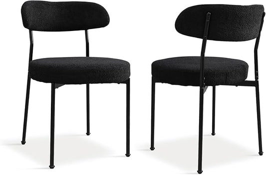 Black Boucle Dining Chair Set of 2, Modern Oval Upholstered Dining Chairs with Curved Back and Metal Leg for Dining Room,Restaurant,Kitchen Island(Black Leg)
