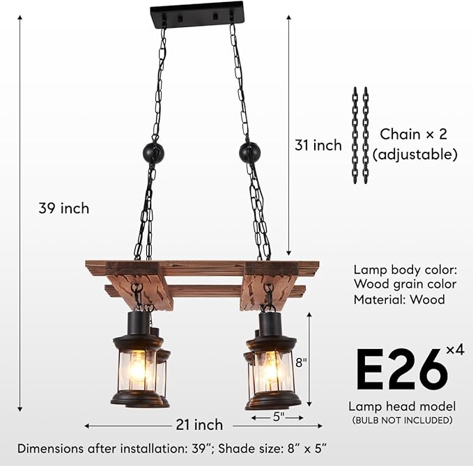 A Million 24" Farmhouse Chandelier, 4 Light Pendant Chandeliers for Dining Room, Retro Kitchen Lighting Fixtures with E26 Socket, Rustic Wood Pendant Lights for Hallway Bar Cafe Foyer
