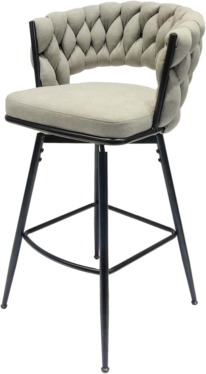 28" Bar Chair Linen Woven Bar Stool Set of 2,Black Legs Bar stools No Adjustable Kitchen Island Chairs,360 Swivel Bar Stools Upholstered Bar Chair Counter Stool Arm Chairs with Back Footrest (Grey)