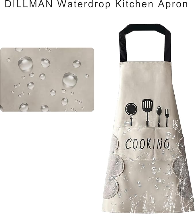 DILLMAN Women Kitchen Apron with Hand Wipe Pockets，Big Pocket,Hand-wiping, Waterproof for Cooking Baking