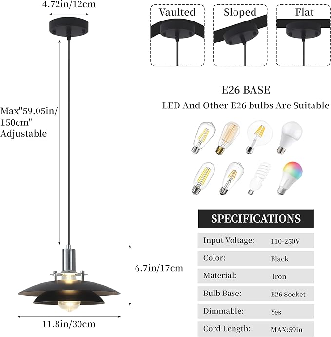 Black Pendant Lights Kitchen Island 2 Pack, 11.8 inch Farmhouse Kitchen Pendant Lighting with Double-Tier Shade, Modern Dining Room Light Fixtures, Mid Century Pendant Light