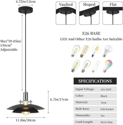 Black Pendant Lights Kitchen Island 2 Pack, 11.8 inch Farmhouse Kitchen Pendant Lighting with Double-Tier Shade, Modern Dining Room Light Fixtures, Mid Century Pendant Light