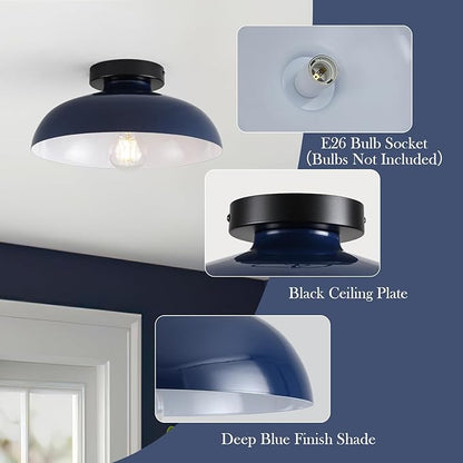 2 Pack 12 Inch Metal Semi Flush Mount Ceiling Light Fixture Industrial Small Ceiling Lights Kitchen Lighting Fixtures Ceiling with Navy Blue Shade for Hallway Entryway Bedroom Foyer Bathroom Laundry