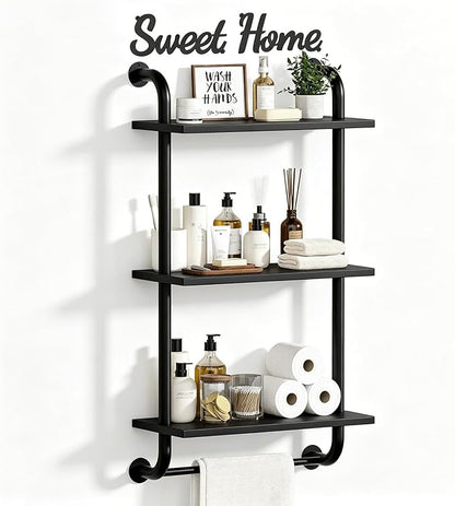 Tinpin Bathroom Shelves Wall Mounted, Rustic Farmhouse Pipe Shelves, Walls Shelf 3-Tier, Industrial Pipe Shelving, Floating Shelf Wall Decor for Bathroom, Kitchen, Bedroom, Living Room 17.3in Black