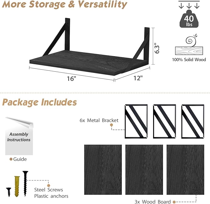 Forbena 12 Inch Deep Floating Shelves for Wall, Wide Black Wall Mounted Shelves for Bedroom Office Books Plants, Large Hanging Shelf for Living Room Bathroom Kitchen Closet Pantry Storage (3-Pack)