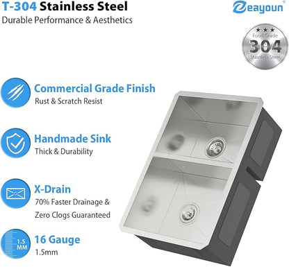 28 Inch Undermount Double Bowl Kitchen Sink 16 Gague 304 Stainless Steel Double Handmade Sinks 60/40 Large Deep Double Bowl Sinks 28"x19"x10"