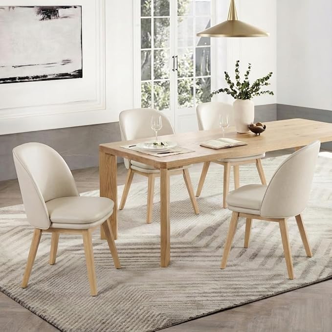 KISLOT Wooden Dining Chairs Set of 2, Faux Leather Upholstered Modern Dining Room Chairs with Double-Layer Thick Seat Cushion & Ergonomic Backrest for Restaurant, Kitchen and Café, Beige