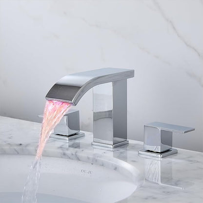 Bathroom faucets 3 Hole Widespread LED Light Bathroom Sink Faucet 8 inch Modern Bathroom Waterfall 3 Hole Vanity Chrome Faucet with Pop Up Drain(Chrome)