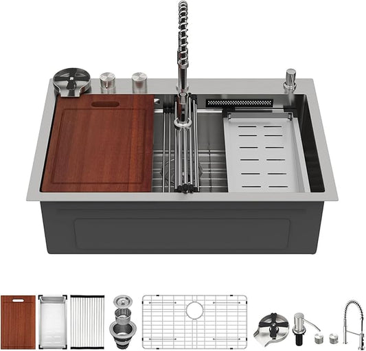 Sarlai Waterfall Kitchen Sink 30 Inch Drop In Kitchen Sink Topmount 16 Gauge Stainless Steel 30x22 Inch Single Bowl Multifuction Workstation Top Mount Sinks with Double Knob