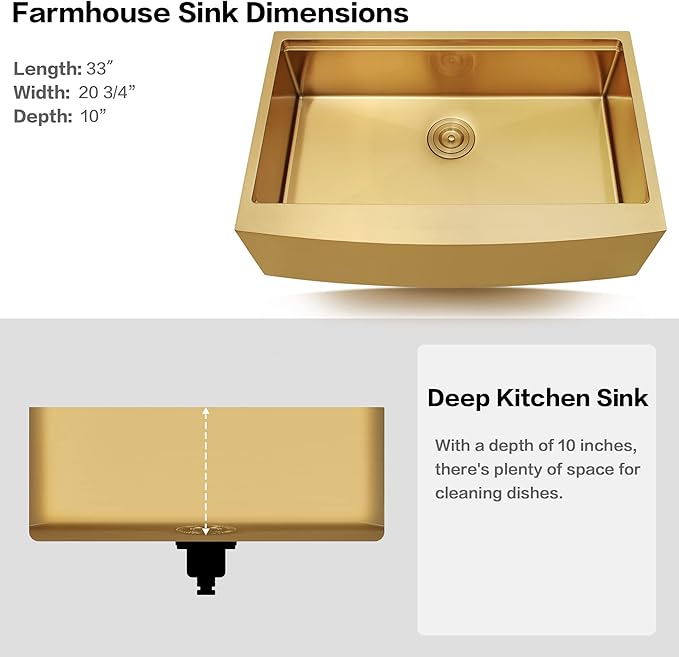 Gold Farmhouse Kitchen Sink, 16 Gauge SUS304 Stainless Steel Farm Sinks, All In One Workstation Sink with Ledge & Accessories, 33" x 20" x 10" Large and Deep Gold Undermount Kitchen Sink