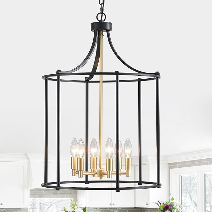 XINGQI 17.7" Lantern Pendant Light Modern Geometric Hanging Chandelier Black and Gold 6 Lights Adjustable Height Cage Pendant Lighting Fixture for Dining Room Living Room Kitchen Entryway Hallway
