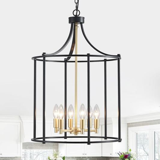 XINGQI 17.7" Lantern Pendant Light Modern Geometric Hanging Chandelier Black and Gold 6 Lights Adjustable Height Cage Pendant Lighting Fixture for Dining Room Living Room Kitchen Entryway Hallway