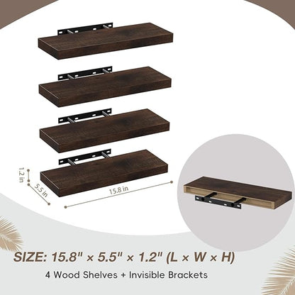 Lufia Floating Wall Shelves, Set of 4, MDF with Invisible Brackets, Modern Storage for Bedroom, Bathroom, Living Room, Kitchen (Rustic Brown, 15.8" W x 5.5" D x 1.2" H)