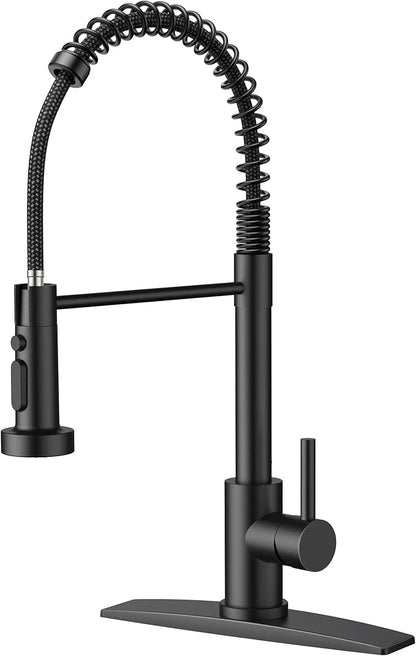 FORIOUS Black Kitchen Faucet with Pull Down Sprayer, Stainless Steel Single Handle Classic Spring Commercial Sink Faucet for Laundry & Utility Room RV Camper Bar Farmhouse