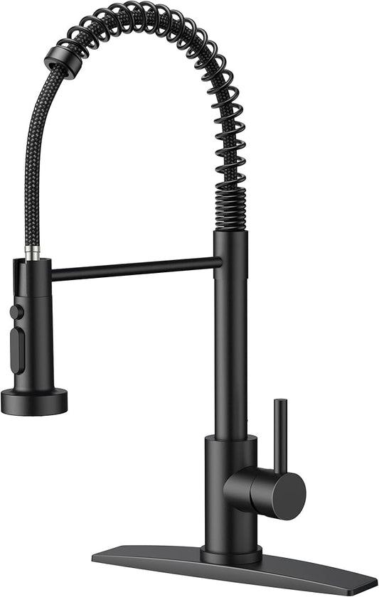 FORIOUS Black Kitchen Faucet with Pull Down Sprayer, Stainless Steel Single Handle Classic Spring Commercial Sink Faucet for Laundry & Utility Room RV Camper Bar Farmhouse