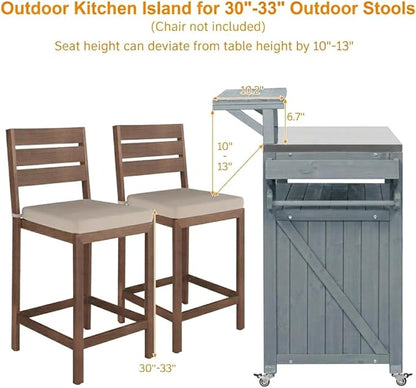 Casaphoria 53.3" Outdoor Kitchen BBQ Grill Cart, 100% Fir Wood Bar Cart Pizza Oven Table with Stainless Steel Countertop, Raised Worktop, Hooks, Adjustable Shelves Outdoor Kitchen Island,Blue