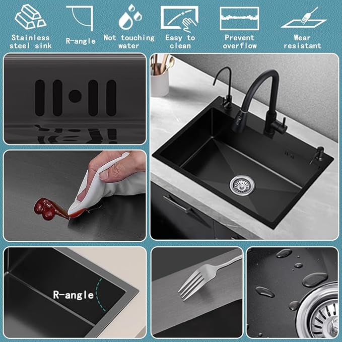 26.8 x 17.7 Inch Black Single Bowl Sink with faucet,Large Capacity Stainless Steel Drop In Kitchen Sink,Topmount Utility Workstation Sink With Multiple Accessories