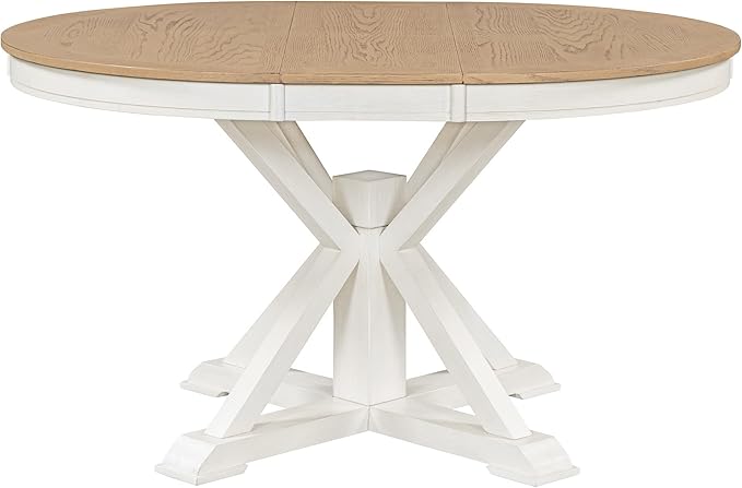 Ball & Cast Farmhouse Extendable Dining Table for 4-6, 42"-54" Extendable Kitchen-Table with a 12" Leaf, Round Ellipse Retro Wood Dining Room-Table w/Removable Leaves,Space Saving, Oak+Off White