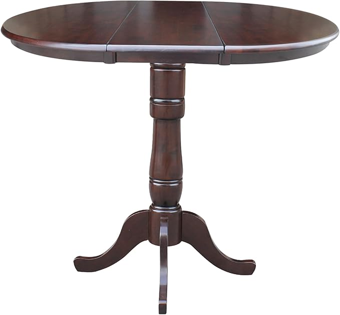 International Concepts 36-Inch Round Top Pedestal Table with 12-Inch Leaf, 42-Inch Bar Height, Rich Mocha