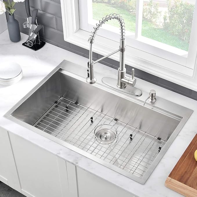 28 Inch Drop In Kitchen Sink Workstation-VASOYO 28x20 Drop In Sink Topmount 16 Gauge Deep Stainless Steel Single Bowl Kitchen Sinks with Cutting Board