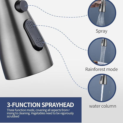 Kitchen Faucet with Pull Down Sprayer，Stainless Steel Single Handle Kitchen Faucet，1/3 Hole, Deck Plate Included，Suitable for farmhouses, Campers, Laundry Rooms, RVs, and Bars (Gun Gray)