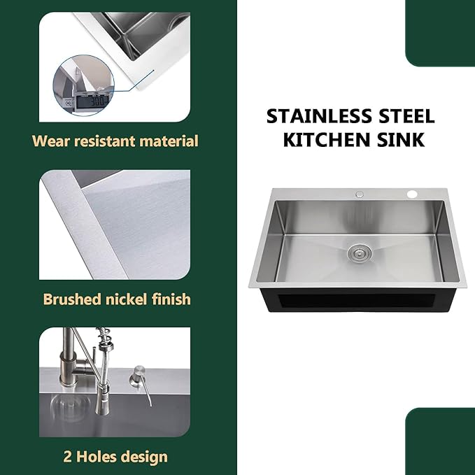 Comllen 33 x 22 inch Drop in Kitchen Sink, 33 inch Topmount Stainless Steel Sink, 18 Gauge T304 Single Bowl Kitchen With Grid and Strainer
