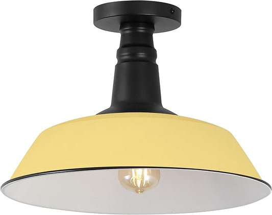 JONATHAN Y 14" Matte Yellow/Black 1-Light Industrial LED Semi Flush Mount Ceiling Light for Porch, Kitchen, Entryway, Modern Farmhouse Iron Fixture, White Metal Shade, LED Bulb Included (JYL7617H)