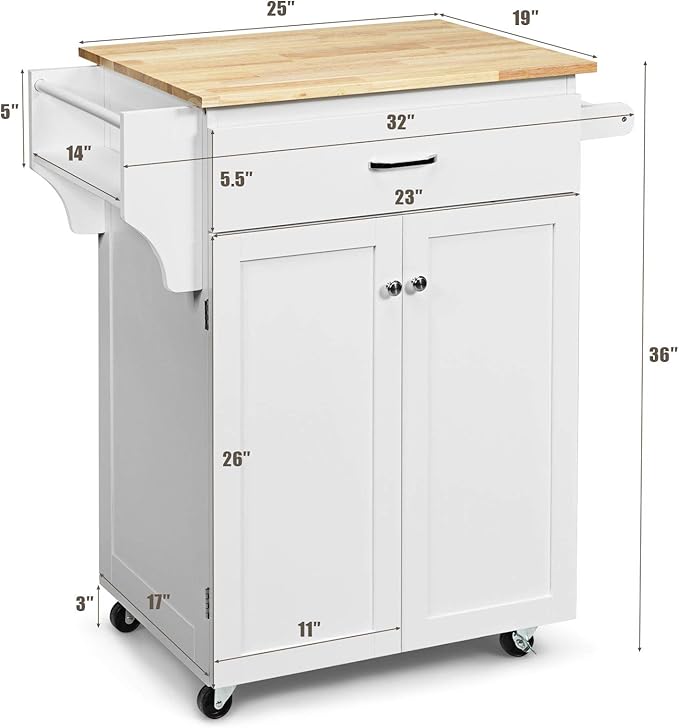 Harmony-Furniture Small Kitchen Island Cart, Narrow Butcher Block Kitchen Utility Cart w/Spice & Towel Rack, Rolling Kitchen Island with Storage Cabinets & Drawer for Dining Room (White)