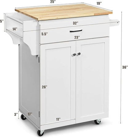 Harmony-Furniture Small Kitchen Island Cart, Narrow Butcher Block Kitchen Utility Cart w/Spice & Towel Rack, Rolling Kitchen Island with Storage Cabinets & Drawer for Dining Room (White)