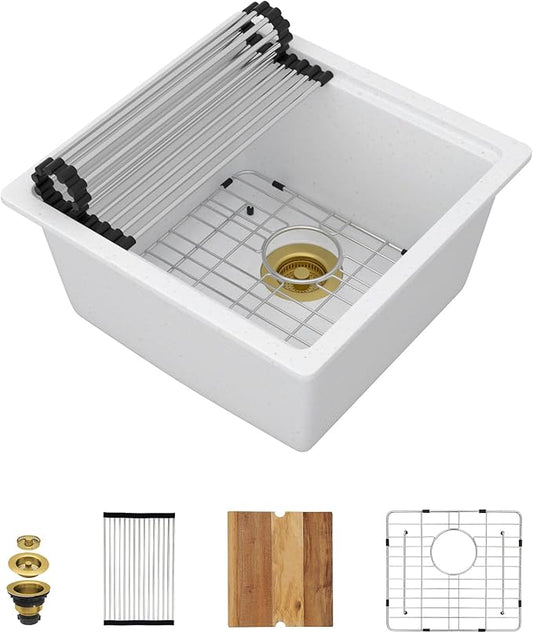 18 Inch Undermount Bar Sink Workstation - White Granite Composite All-In One Single Bowl Classic Quartz Wet Prep Sink with Cutting Board for Kitchen Bar, RV, Boat, and Outdoor, #TLGU-131