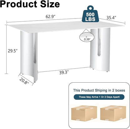 gopop 71'' Modern Dining Table for 6,Marble Dining Table with 0.39-Inch Thick Glass Tabletop and Chrome-Plated Stainless Steel Base,White Large Dinner Table Ideal for Kitchen Home Office