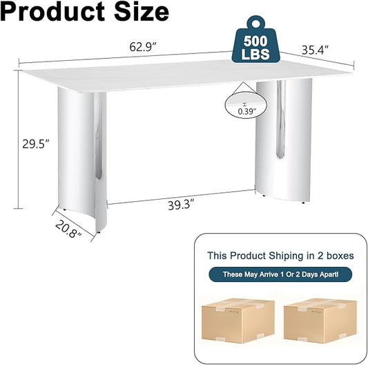 gopop 71'' Modern Dining Table for 6,Marble Dining Table with 0.39-Inch Thick Glass Tabletop and Chrome-Plated Stainless Steel Base,White Large Dinner Table Ideal for Kitchen Home Office