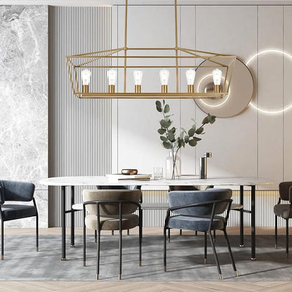 BONLICHT Farmhouse Chandeliers Gold 6 Light Modern Linear Dining Room Pendant Lighting Traditional Rectangular Kitchen Island Lantern Light Fixture Classic Ceiling Light with Adjustable Rods