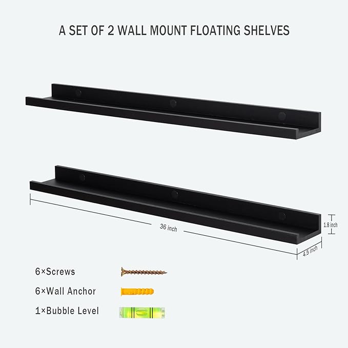 AZSKY 24 Inch Picture Ledge Shelves Set of 3, Rustic Wood Floating Shelves for Photo Frames, Nursery & Kids Book Shelves, Wall Mounted Bathroom Organizer (Black)