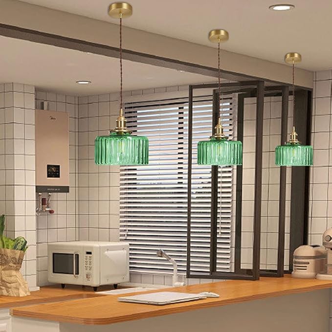 Lighting Green Pendant Light Mid Century Modern Hanging Light with Green Striped Glass Shade Vintage Kitchen Island Pendant Lights Gold Ceiling Pendant Light for Dining Room Bedroom