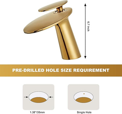 Wovier Shiny Polished Gold Waterfall Bathroom Sink Faucet,Single Handle Single Hole Brass Lavatory Vanity Faucet,Slanted Body Basin Mixer Tap with Supply Hose and Pop Up Drain Assembly