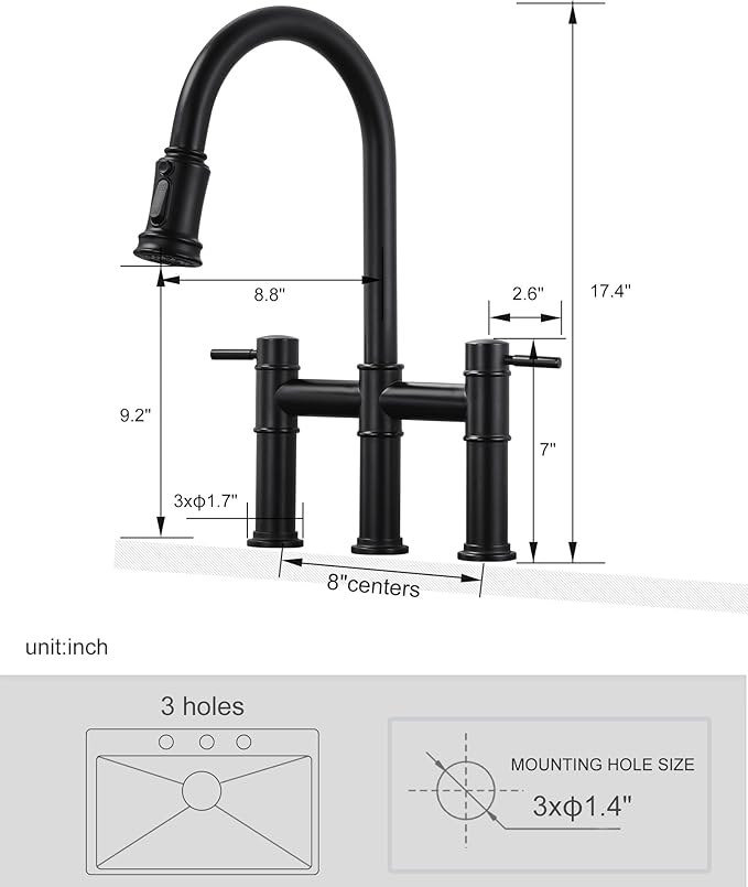 Bridge Faucet for Kitchen Sink: iVIGA Black Farmhouse 3 Hole Kitchen Faucet with Pull Down Sprayer (3 Spray Modes) - 2 Handle High Arc Brass Faucet with 360° Swivel, with Supply Lines