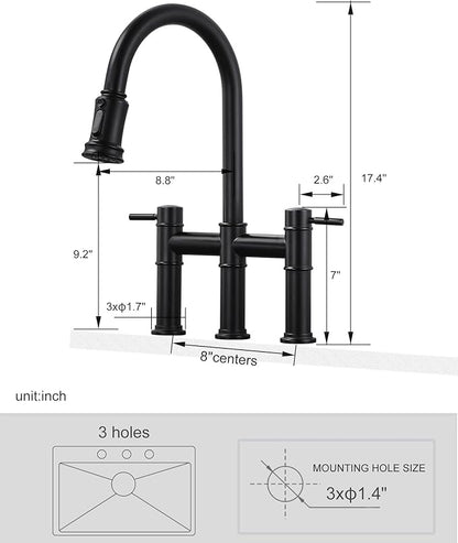 Bridge Faucet for Kitchen Sink: iVIGA Black Farmhouse 3 Hole Kitchen Faucet with Pull Down Sprayer (3 Spray Modes) - 2 Handle High Arc Brass Faucet with 360° Swivel, with Supply Lines
