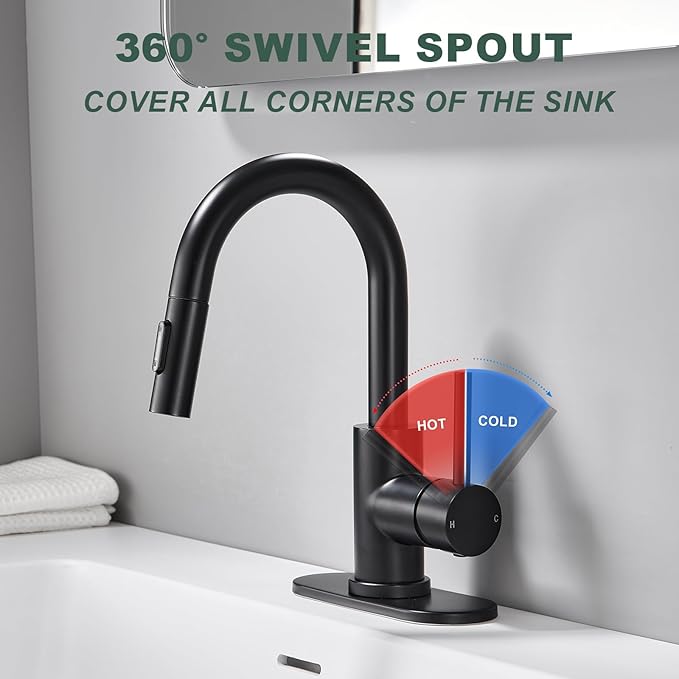 Matte Black Bathroom Faucets for 1 or 3 Hole, Single Handle Bathroom Sink Faucet with Pull Down Sprayer, Vanity Faucet with Pop-Up Drain and Deck Plate for Bar Laundry Basin
