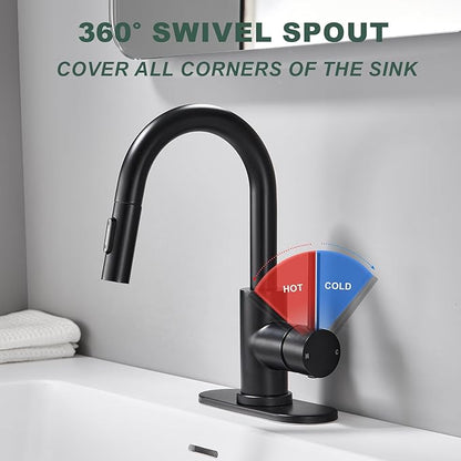 Matte Black Bathroom Faucets for 1 or 3 Hole, Single Handle Bathroom Sink Faucet with Pull Down Sprayer, Vanity Faucet with Pop-Up Drain and Deck Plate for Bar Laundry Basin