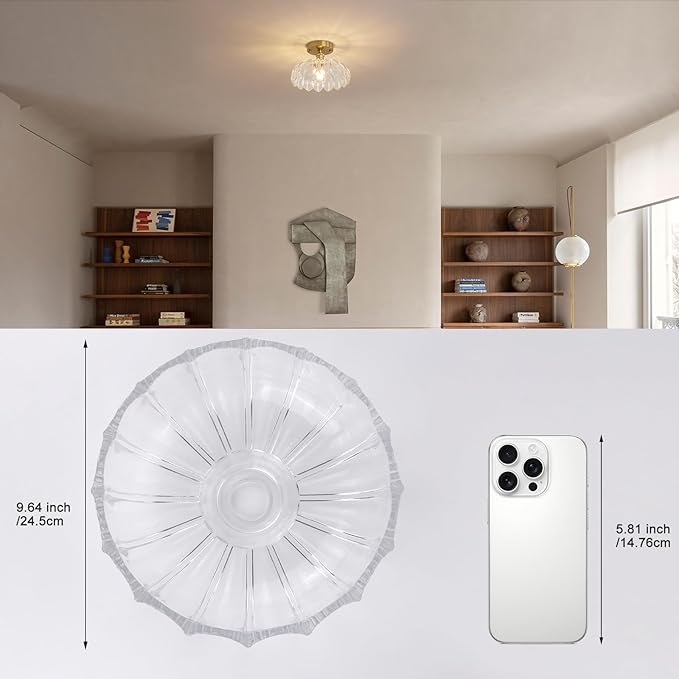Shenmoyl Semi Flush Mount Gold Hallway Lights Fixture with Clear Scindapsus Glass, Bulb Included, 4.72" Base Vintage Ceiling Light for Porch, Kitchen, Bedroom