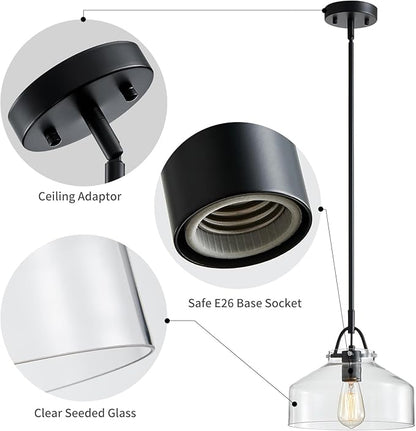 WUZUPS Chandelier Rustic Farmhouse Industrial Round Ceiling Pendant LED Light Fixture with Clear Glass Shades for Dining Room Kitchen Island Foyer Entryway, H 9.4" x W 10.6", E26 Base, Black