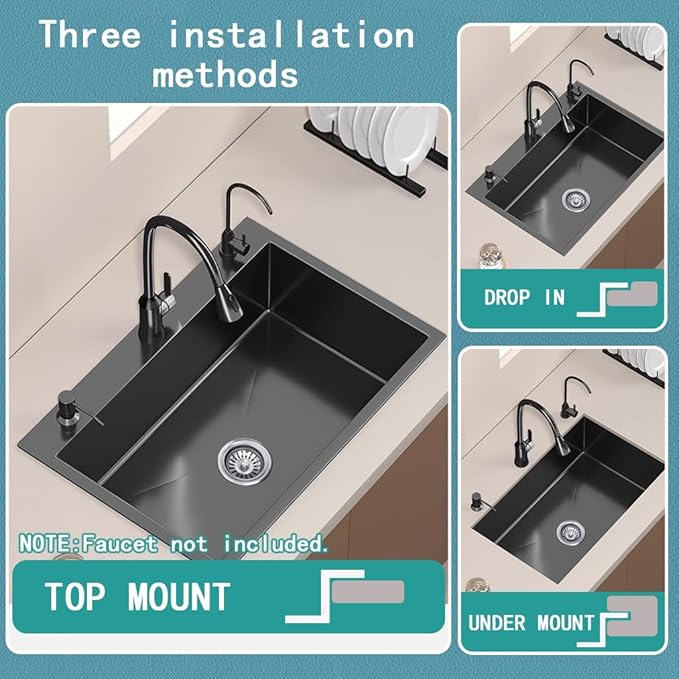 26.8 x 17.7 Inch Black Drop In Kitchen Sink,Stainless Steel Topmount Single Bowl Sink,Large Capacity Utility Workstation Sink With Soap dispenser & Drain Basket